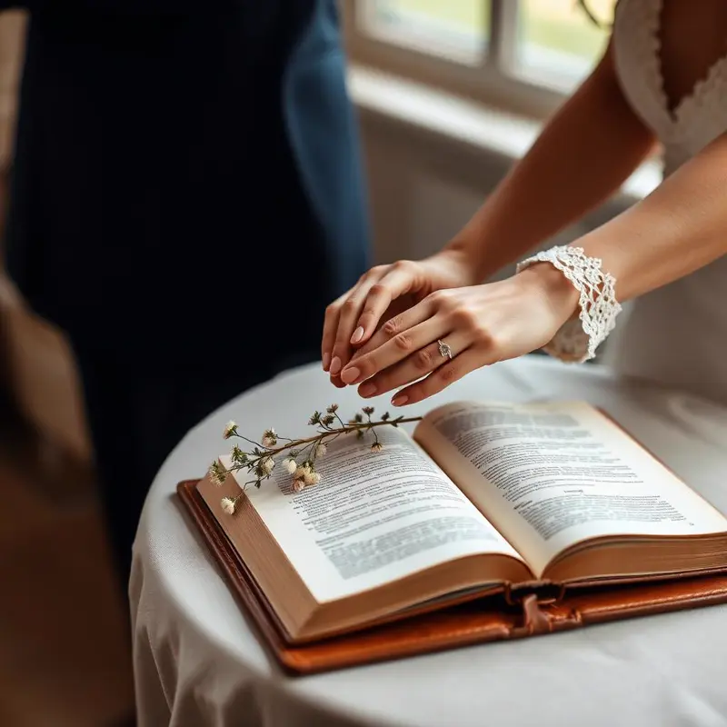 Couple's hands resting on an open ceremony book with wildflowers